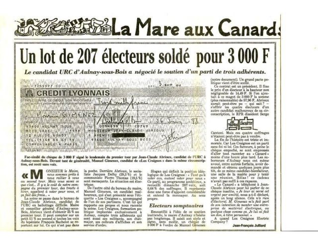Article du canard 1988 Enchainé-Le coup du chèque